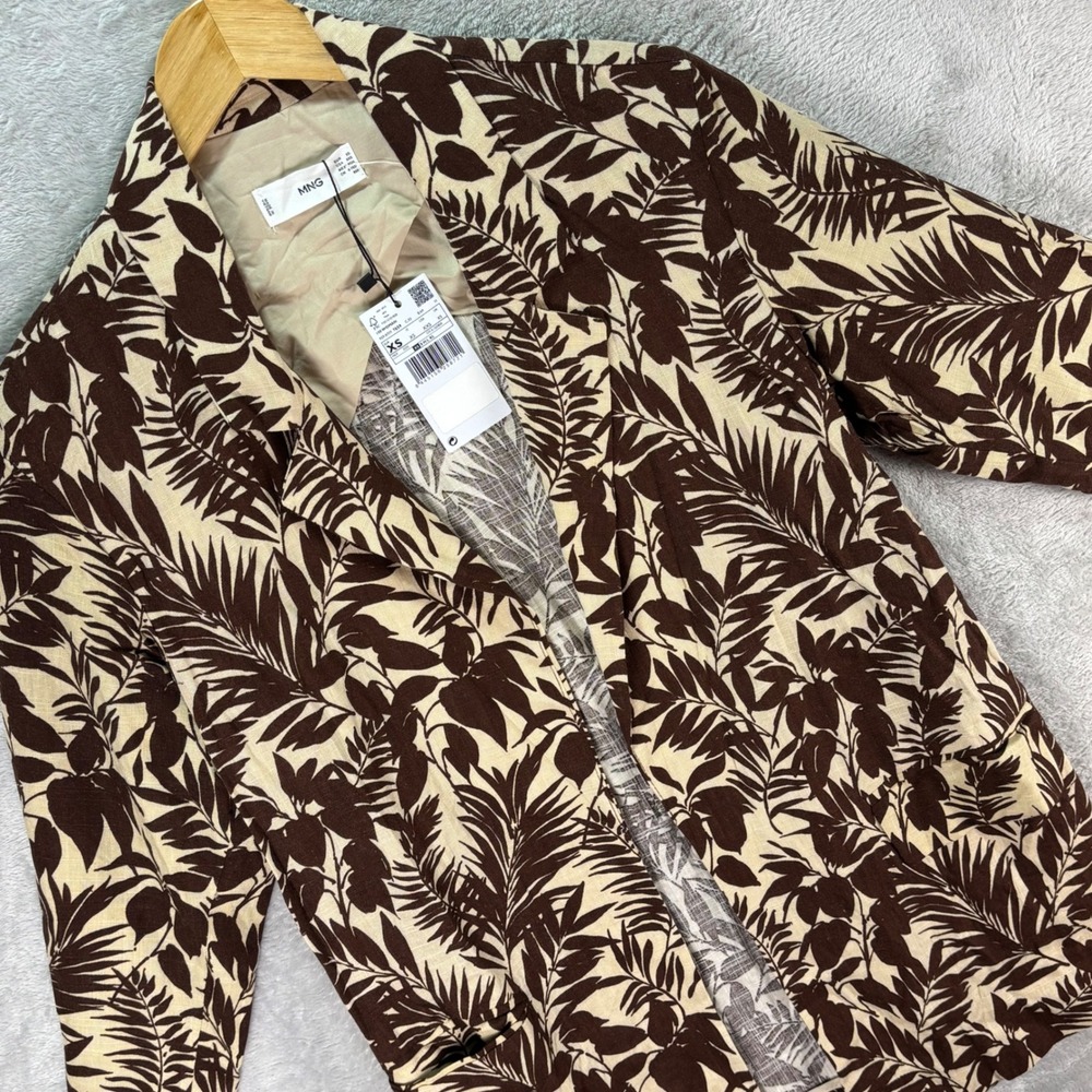 MNG Women's Brown Floral Blazer Jacket Tropical Leaf Linen Blend Lightweight‎ XS
